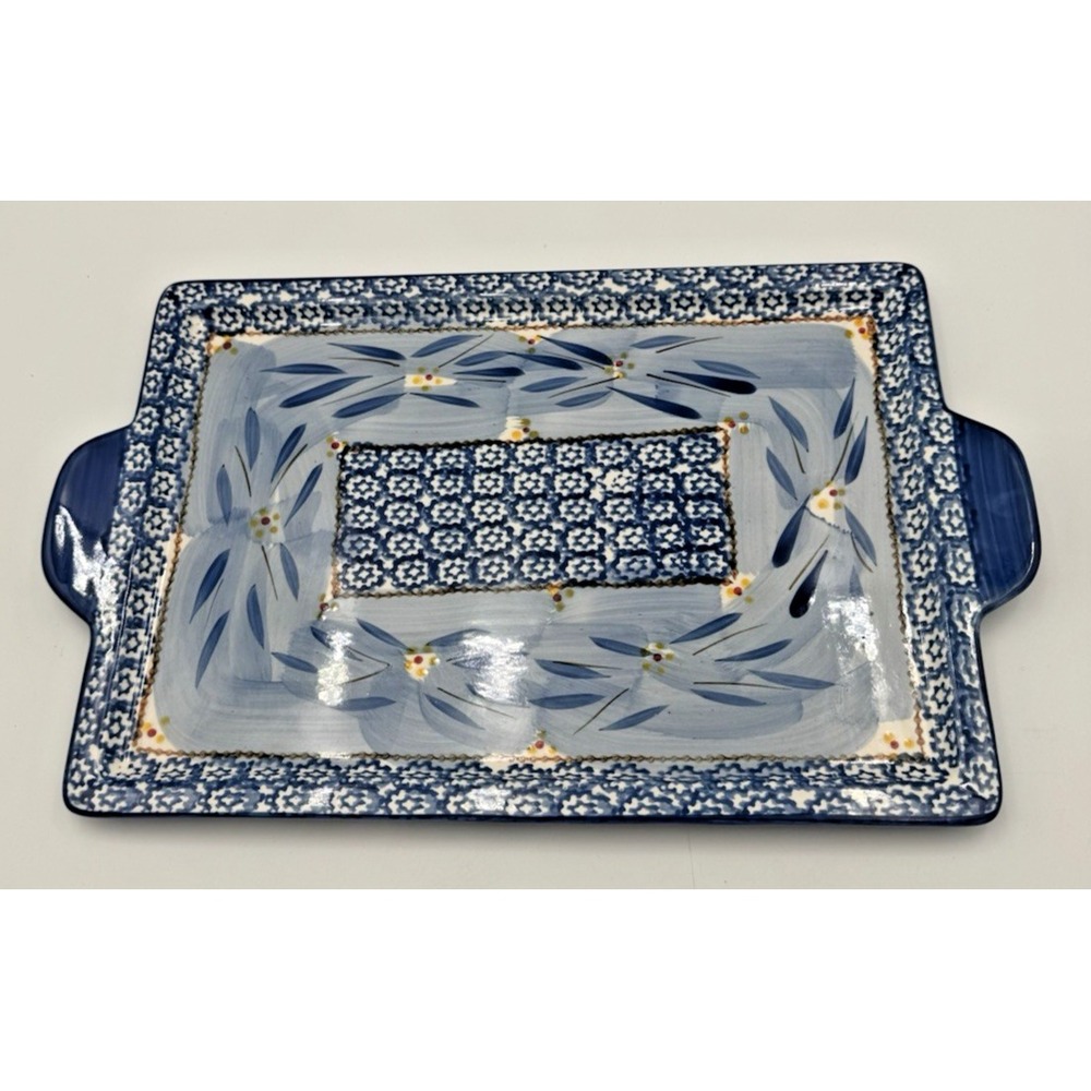 Temp-tations Old World Blue Large 14" Rectangular Baker Serving Tray Handles